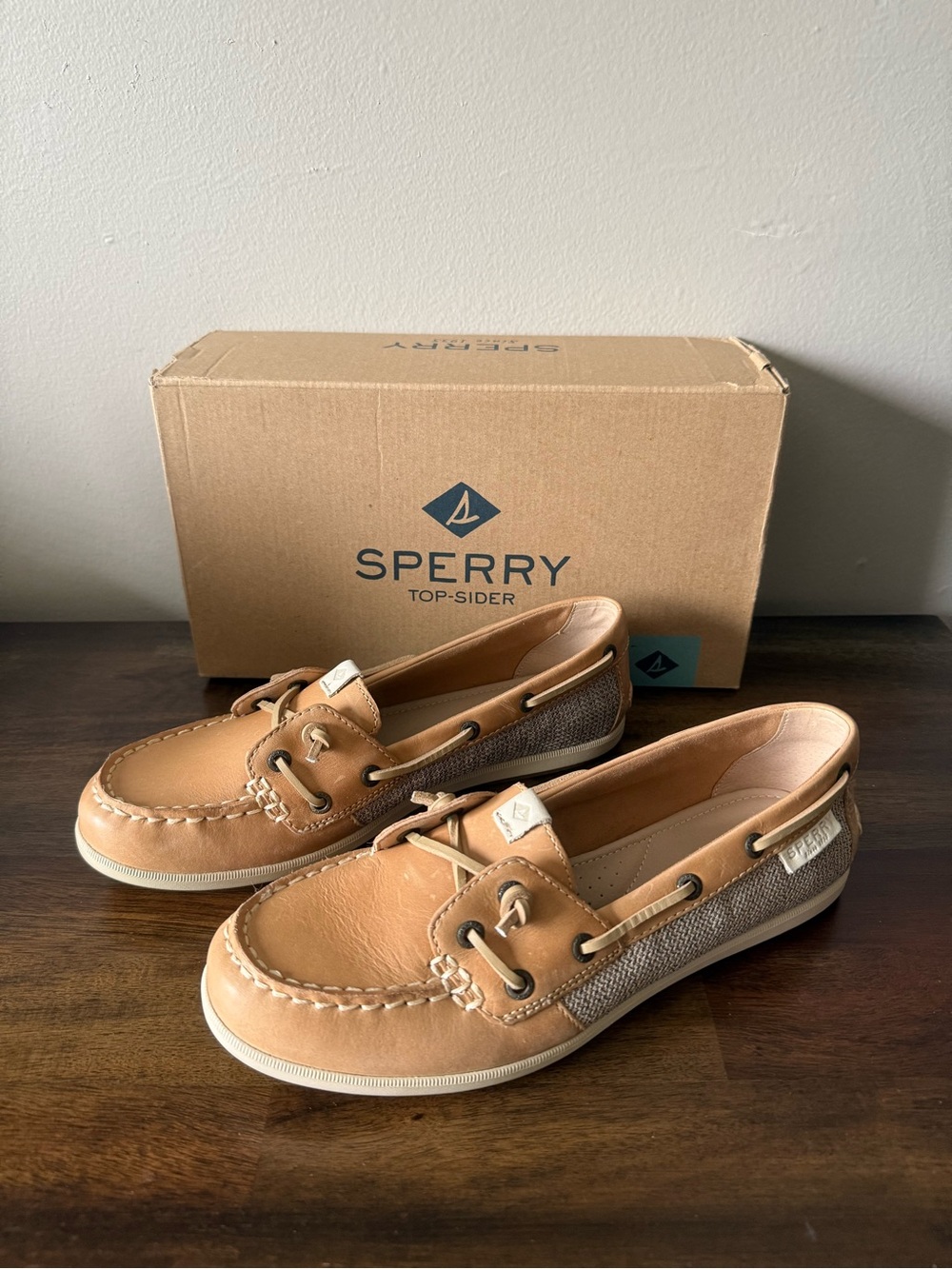 Sperry Top Sider Coil Ivy Leather Canvas Tan Slip On Boat Shoes STS98964